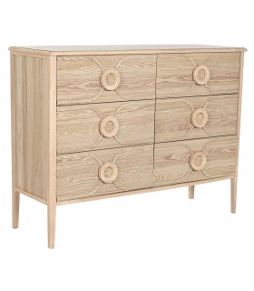 Cómoda oriental chic de abeto natural con 6 cajones y tiradores de ratán Mdmhogar