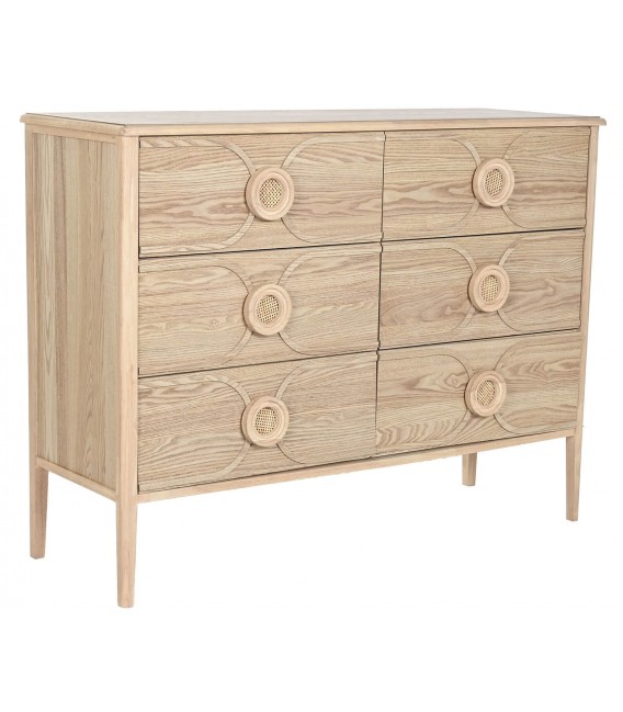 Cómoda oriental chic de abeto natural con 6 cajones y tiradores de ratán Mdmhogar