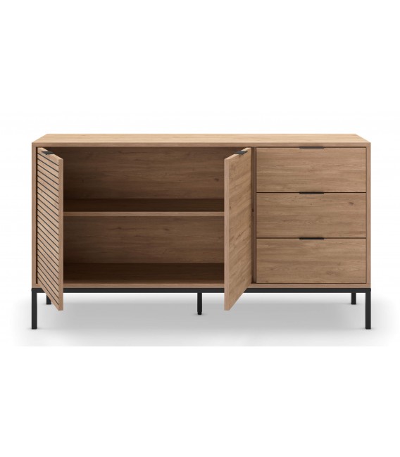 Aparador nórdico con 2 puertas 3 cajones roble natural metal negro2