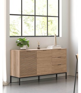 Aparador nórdico con 2 puertas 3 cajones roble natural metal negro Mdmhogar