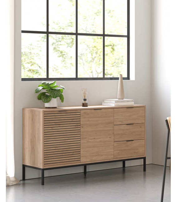 Aparador nórdico con 2 puertas 3 cajones roble natural metal negro Mdmhogar