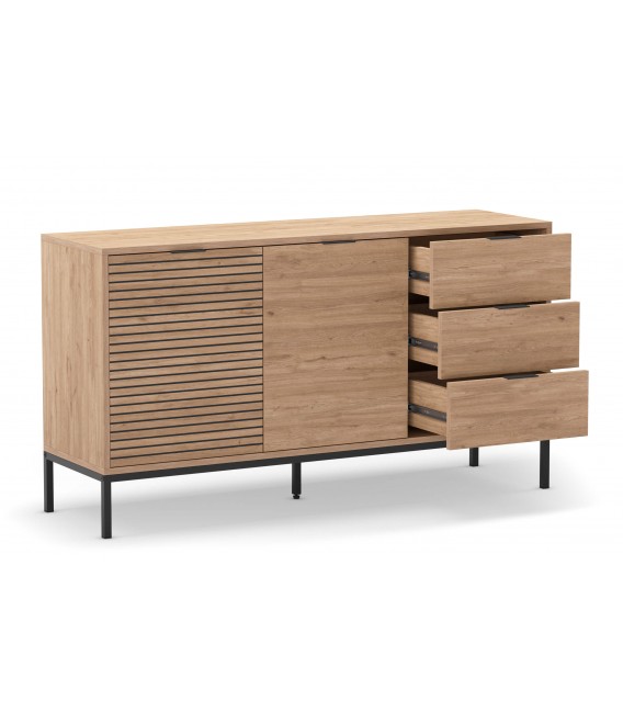 Aparador nórdico con 2 puertas 3 cajones roble natural metal negro4