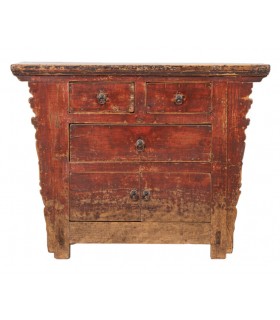 Cómoda antigua oriental con 3 cajones y 2 puertas en madera teja
