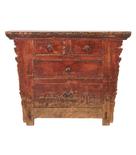 Cómoda antigua oriental con 3 cajones y 2 puertas en madera teja