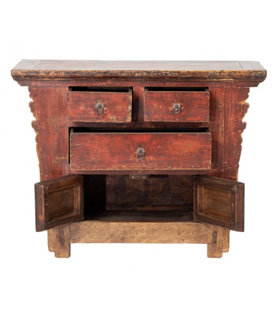 Cómoda antigua oriental con 3 cajones y 2 puertas en madera teja1