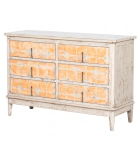 Cómoda oriental blanca y amarilla con 6 cajones y acabado artesanal Mdmhogar