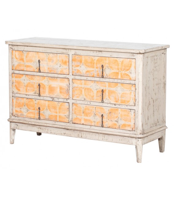 Cómoda oriental blanca y amarilla con 6 cajones y acabado artesanal Mdmhogar