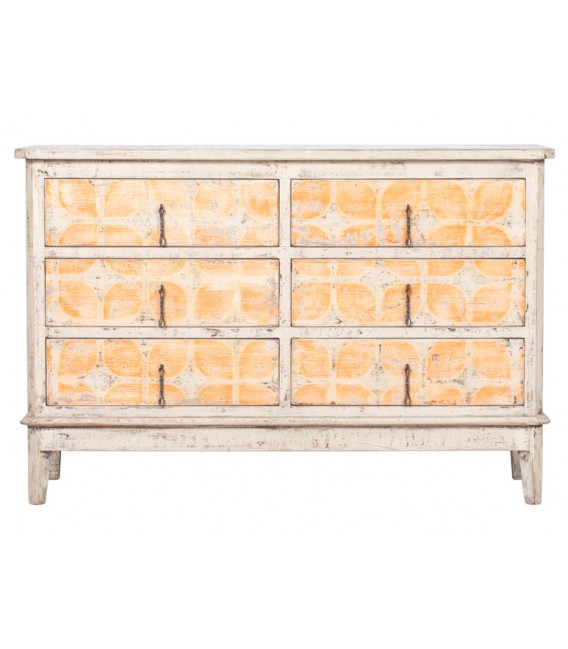 Cómoda oriental blanca y amarilla con 6 cajones y acabado artesanal