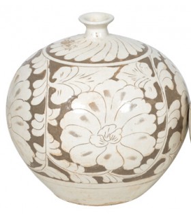 Jarrón redondeado decorado a mano con motivos florales topo y blanco Mdmhogar