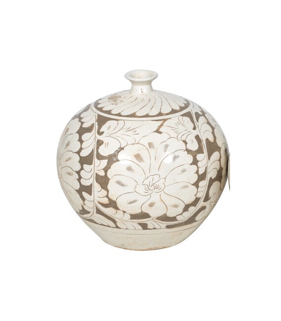 Jarrón redondeado decorado a mano con motivos florales topo y blanco Mdmhogar