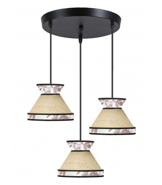 Lámpara oriental de ratán natural con 3 luces y tela floral Mdmhogar