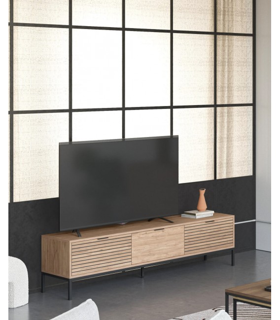 Mueble TV nórdico roble natural con 3 cajones y patas metálicas Mdhhogar