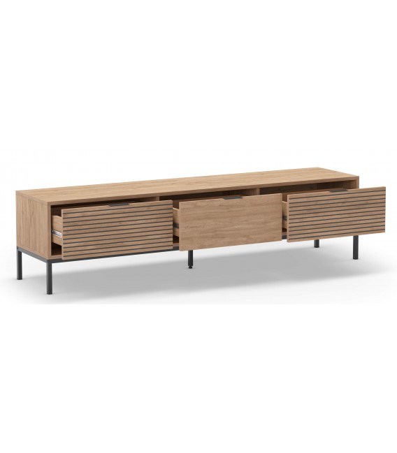 Mueble TV nórdico roble natural con 3 cajones y patas metálicas3