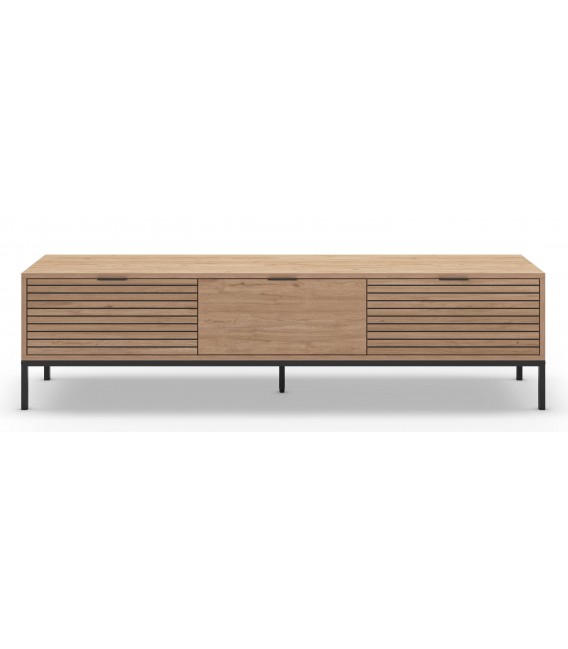 Mueble TV nórdico roble natural con 3 cajones y patas metálicas2