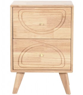 Mesita nórdica madera natural labrada con 2 cajones y detalles dorados