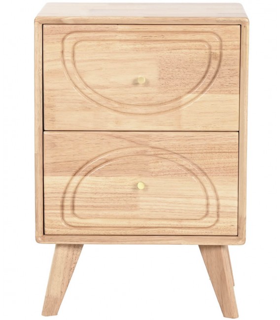 Mesita nórdica madera natural labrada con 2 cajones y detalles dorados