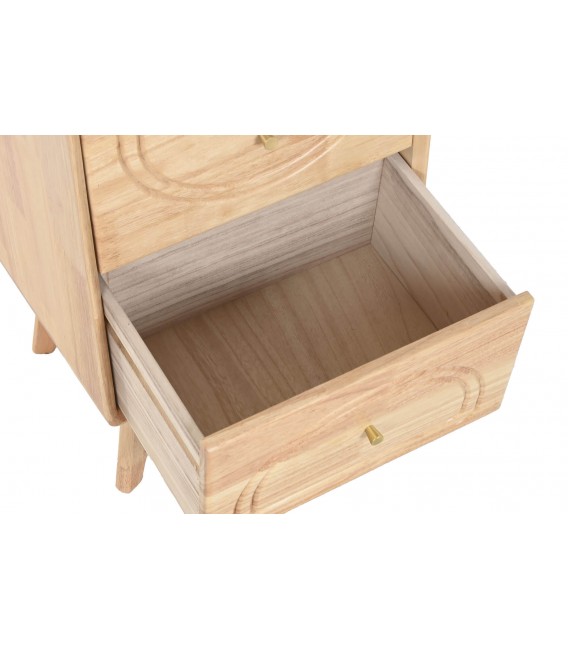 Mesita nórdica madera natural labrada con 2 cajones y detalles dorados4