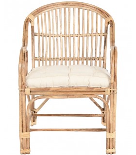 Sillón de comedor en bambú y ratán natural con cojín blanco incluido
