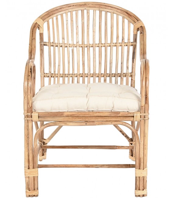 Sillón de comedor en bambú y ratán natural con cojín blanco incluido