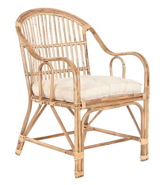Sillón de comedor en bambú y ratán natural con cojín blanco incluido Mdmhogar