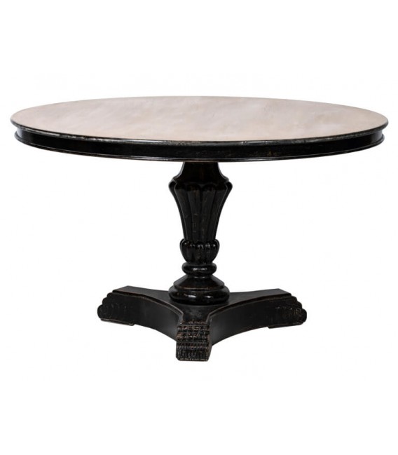 Mesa de comedor redonda de pino tallado con base negra y tapa natural Mdmhogar