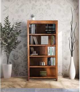 Estantería alta de madera de mango con 5 baldas y acabado color miel Mdmhogar