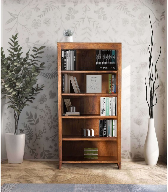 Estantería alta de madera de mango con 5 baldas y acabado color miel Mdmhogar