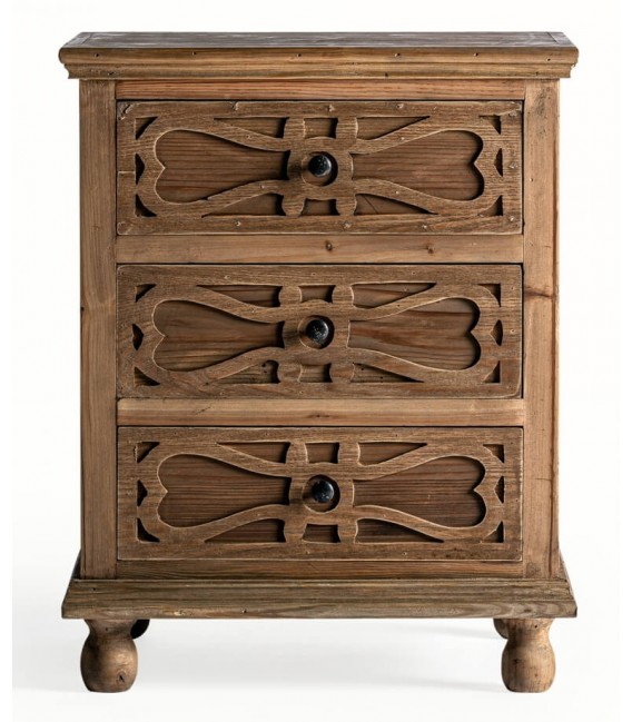 Mesita de noche de madera reciclada con 3 cajones y acabado vintage1