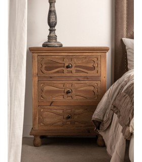 Mesita de noche de madera reciclada con 3 cajones y acabado vintage Mdmhogar