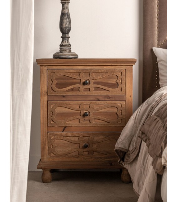 Mesita de noche de madera reciclada con 3 cajones y acabado vintage Mdmhogar