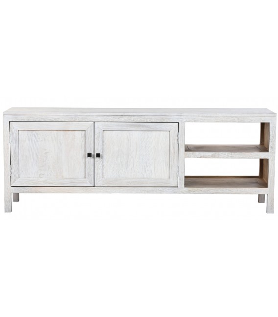 Mueble de TV boho de mango con 2 puertas, baldas y acabado decapado
