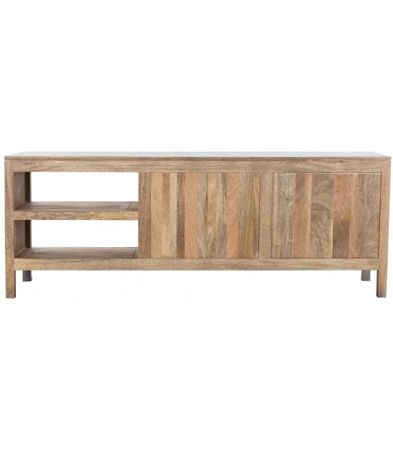 Mueble de TV boho de mango con 2 puertas, baldas y acabado decapado1
