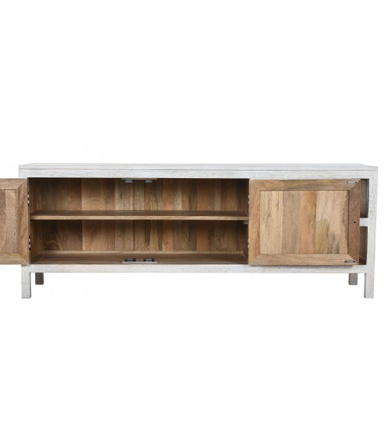 Mueble de TV boho de mango con 2 puertas, baldas y acabado decapado2