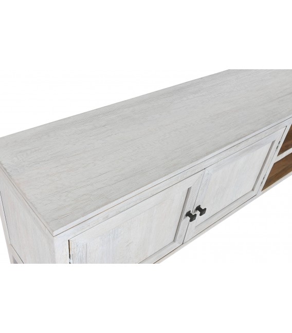 Mueble de TV boho de mango con 2 puertas, baldas y acabado decapado3