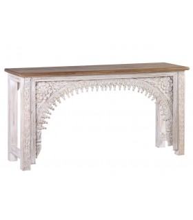 Consola grande en madera tallada, acabado blanco rozado y tapa natural