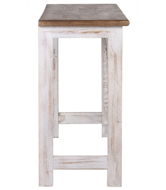 Consola grande en madera tallada, acabado blanco rozado y tapa natural2