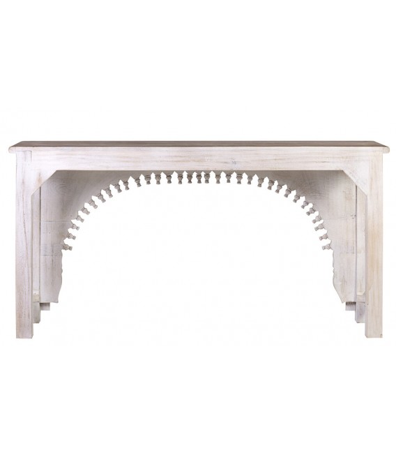 Consola grande en madera tallada, acabado blanco rozado y tapa natural1