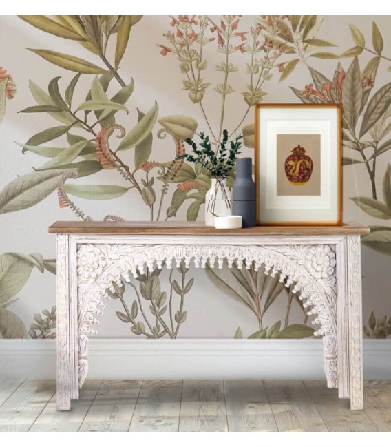 Consola grande en madera tallada, acabado blanco rozado y tapa natural Mdmhogar