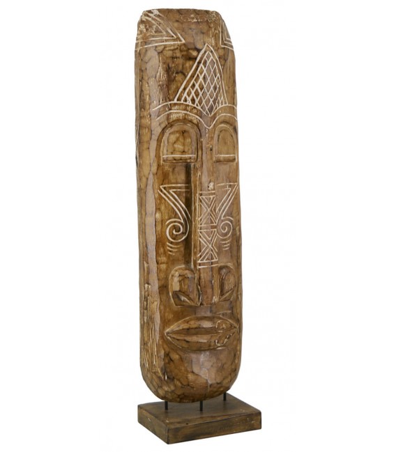 Figura tribal alta de madera natural tallada con detalles en blanco Mdmhogar