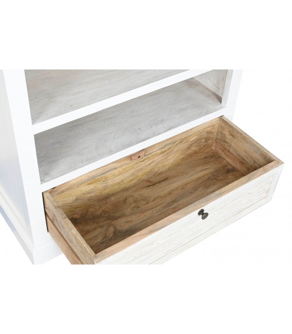 Estantería boho de mango blanqueado con 3 baldas y cajón inferior.4