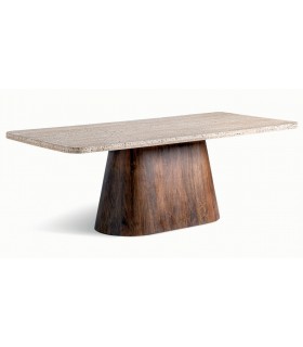 Mesa rectangular art decó de travertino y madera de mango macizo Mdmhogar
