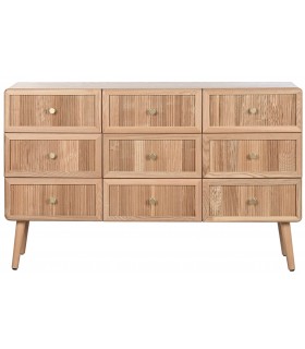 Cómoda grande 9 cajones, pino natural y metal dorado, estilo nórdico.1