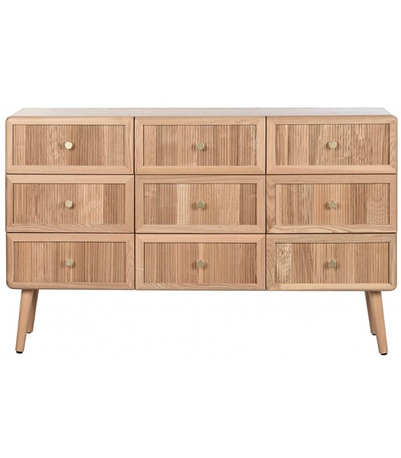 Cómoda grande 9 cajones, pino natural y metal dorado, estilo nórdico.1
