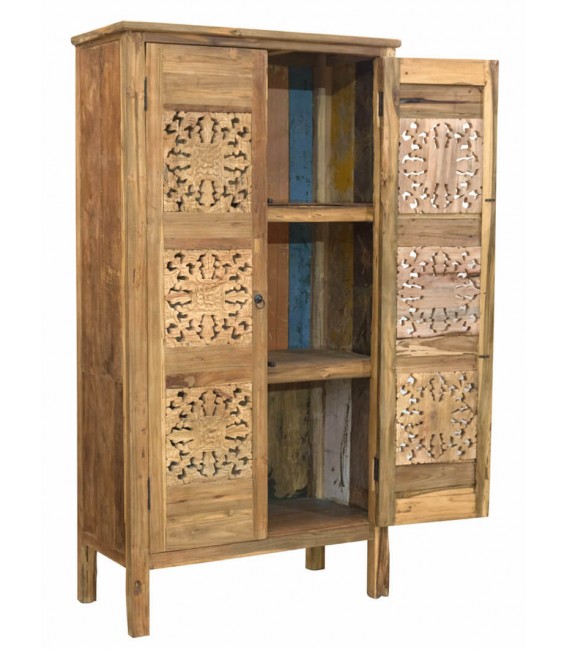 Armario alacena étnico, teca reciclada tallada a mano 2 puertas.1