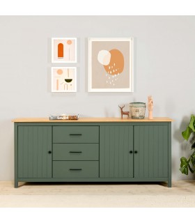 Aparador grande rústico en madera de pino natural y verde lacado Mdmhogar