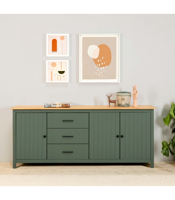 Aparador grande rústico en madera de pino natural y verde lacado Mdmhogar