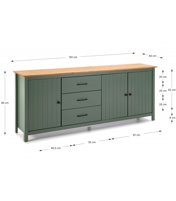 Aparador grande rústico en madera de pino natural y verde lacado4