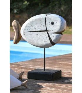 Figura decorativa de pez en madera paulonia estilo marinero blanco Mdmhogar