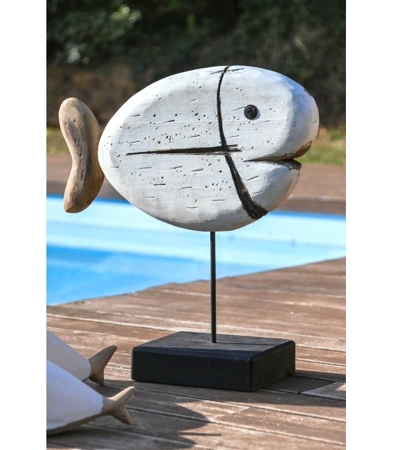 Figura decorativa de pez en madera paulonia estilo marinero blanco Mdmhogar