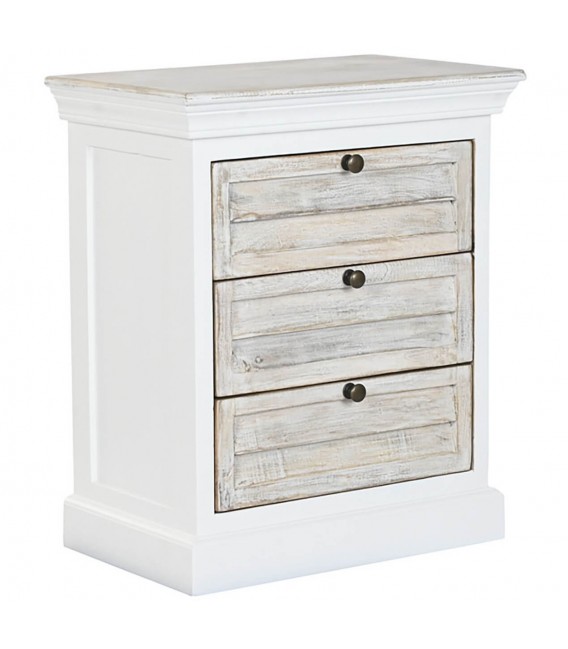 Mesita de noche boho en madera de mango natural y blanco 3 cajones Mdmhogar